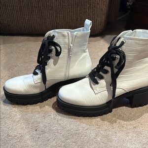 White and Black Combat Moto Boots with Chunky Sole